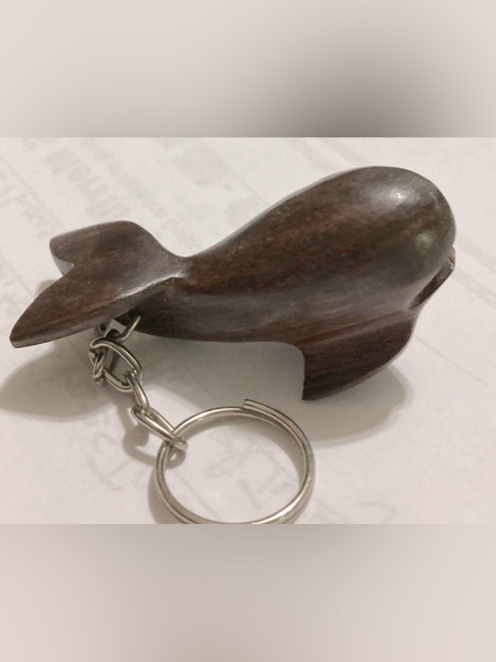 NWOT wood Whale keychain carved polished brown, silver key holder & chain